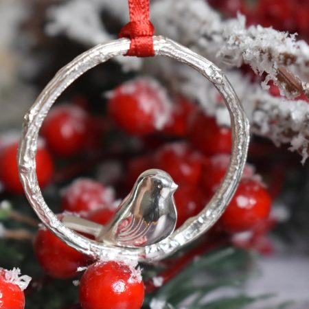 Robin on a Twig Christmas Tree Decoration Ornament Handmade Keepsake Sterling Silver Hallmarked
