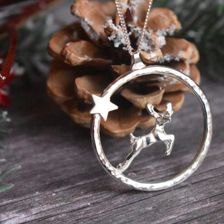 Leaping reindeer stag circle necklace sterling silver Christmas Jewellery UK Hallmarked