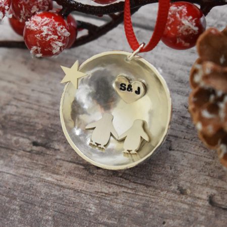 Penguin Personalised Christmas 3D Scene Dome Tree Decoration Handmade Keepsake Sterling Silver UK Hallmarked